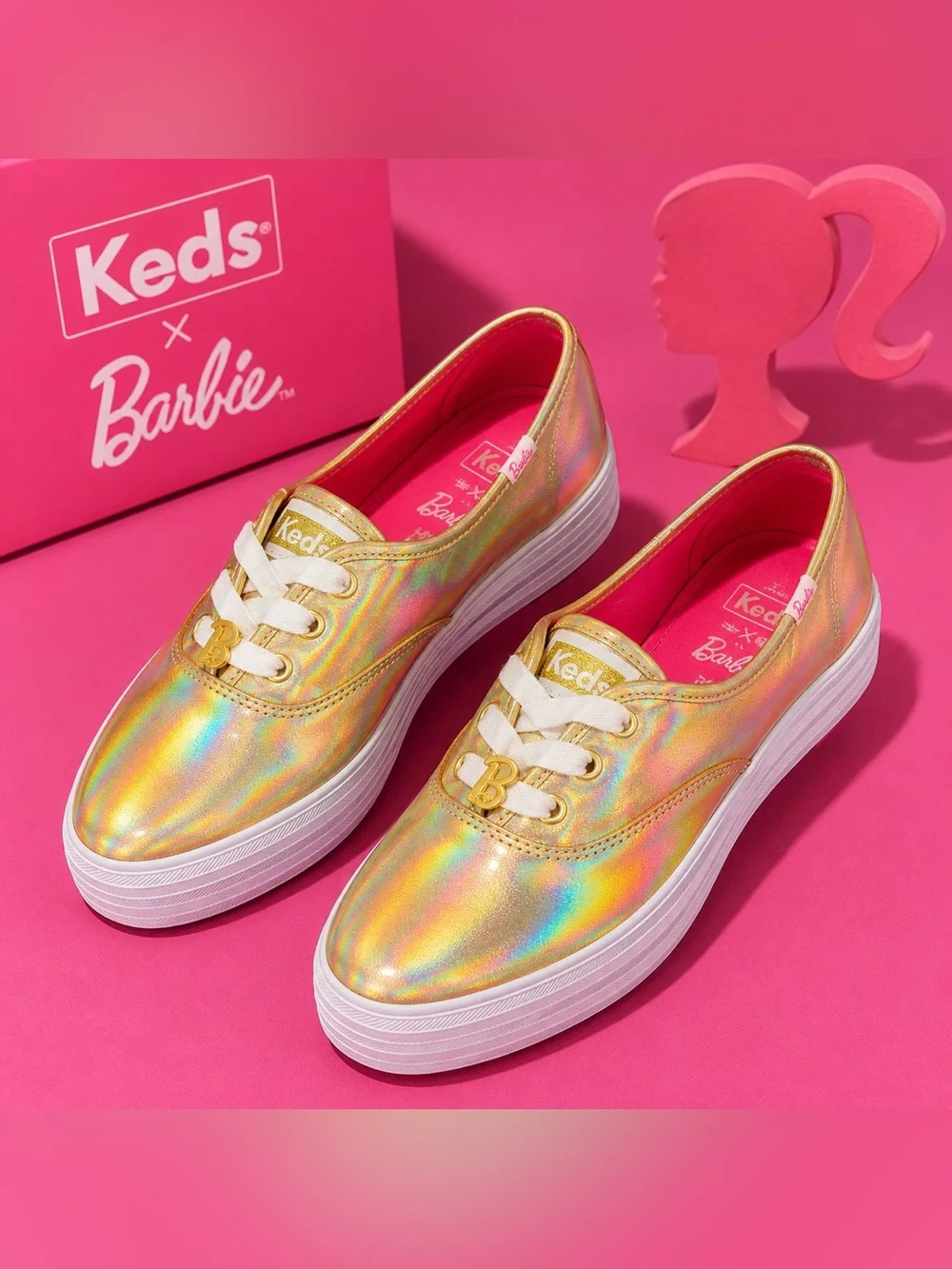 Keds x Barbie WH68062 Iridescent Gold Triple Kick Platform Sneakers Size 9
